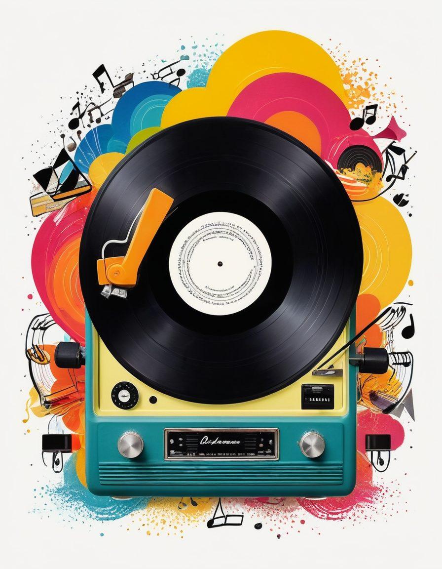 A vibrant, colorful collage featuring various music notes and quotes from cheerful lyrics swirling around a vintage vinyl record player. The background should be filled with bright, whimsical illustrations of diverse people dancing and smiling, radiating joy and positivity. Incorporate elements that evoke a sense of nostalgia, like cassette tapes and retro headphones. super-realistic. vibrant colors. white background.